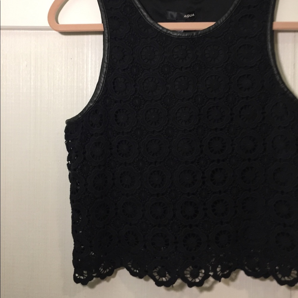 Crochet black top with leather detail